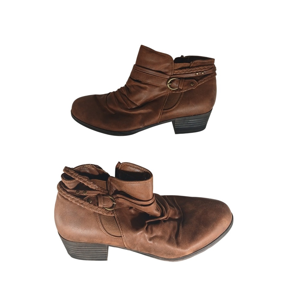 Norah Brown Ruched Ankle Boots Side Zip Braided‎ Detail Women's Size 9 Wide